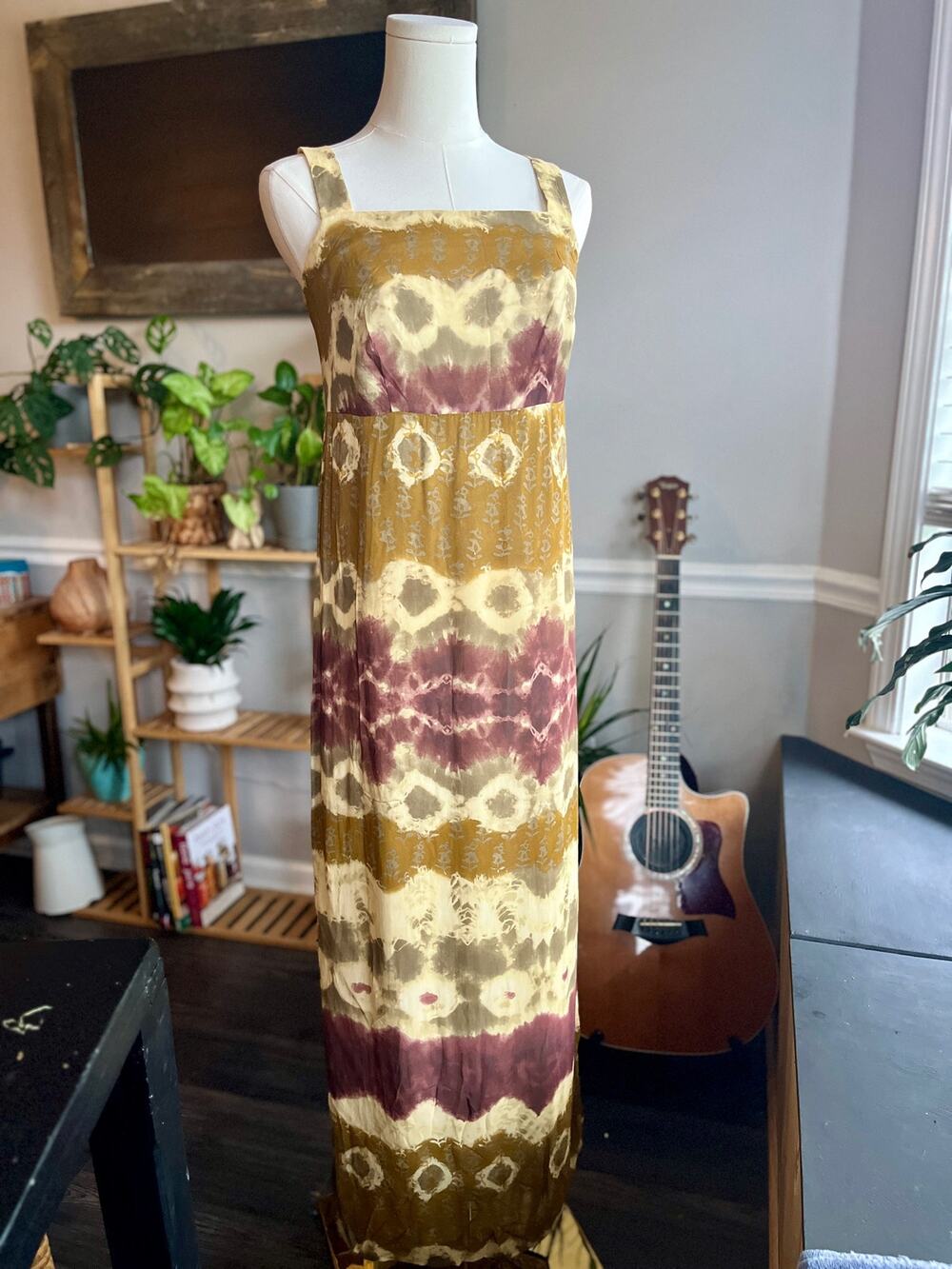 Vintage 90s Bohemian Maxi Dress Earth Tone Tie Dye Rayon Size Small
